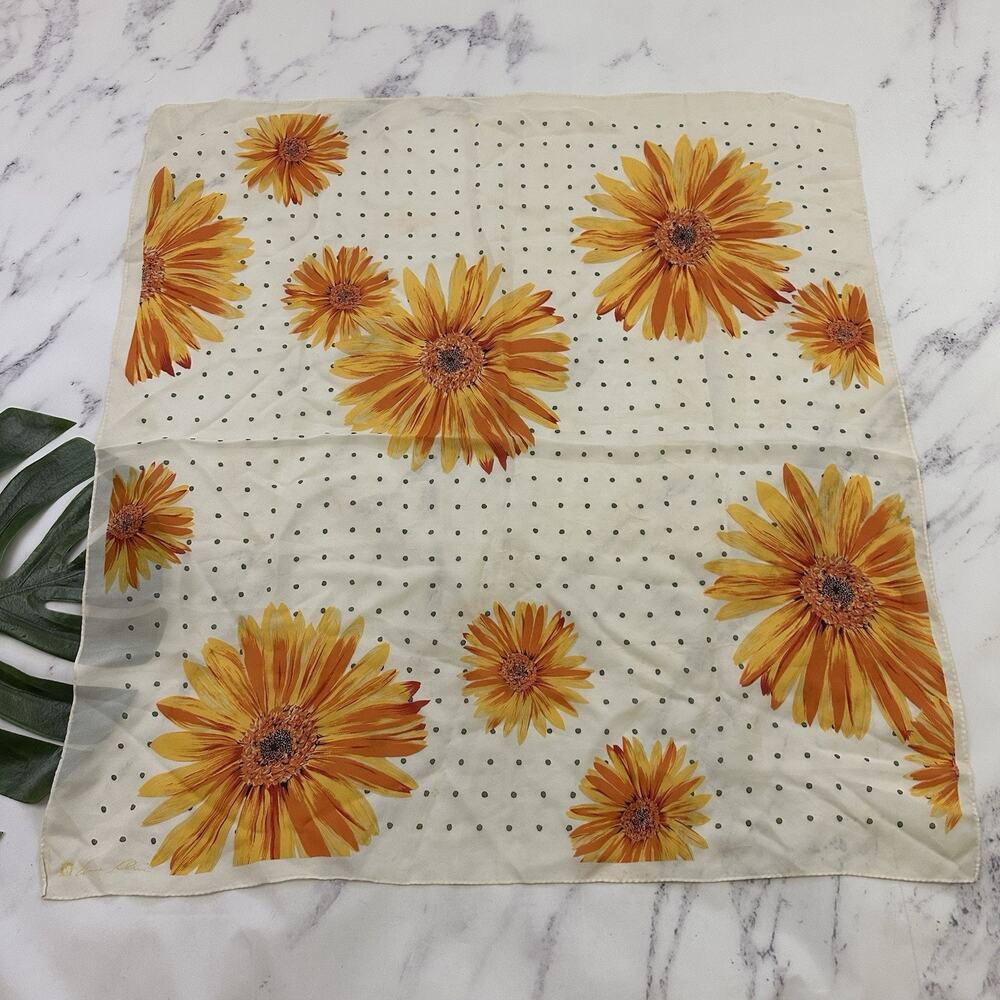 Anne Klein Womens Vintage 90s Silk Scarf Square Daisy Floral Cream Yellow Dots